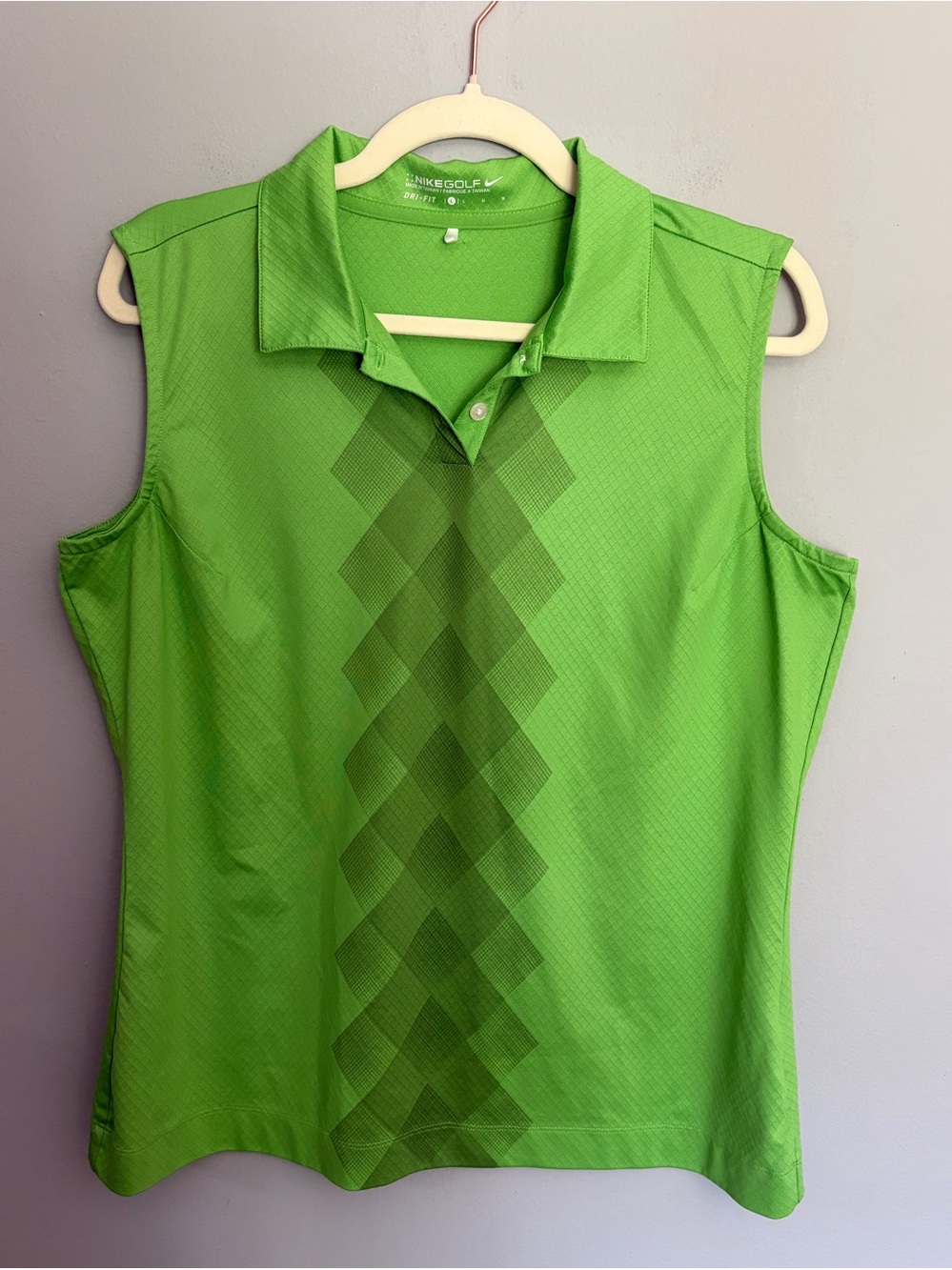 Nike Golf Polo Top Womens L Lime Green Sleeveless Dri-FIT Argyle Diamond Preppy